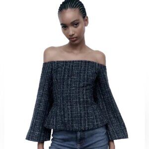NWT ZARA Tweed Textured Off Shoulder Top Flare Sleeve 8741/257/030‎ Size XS